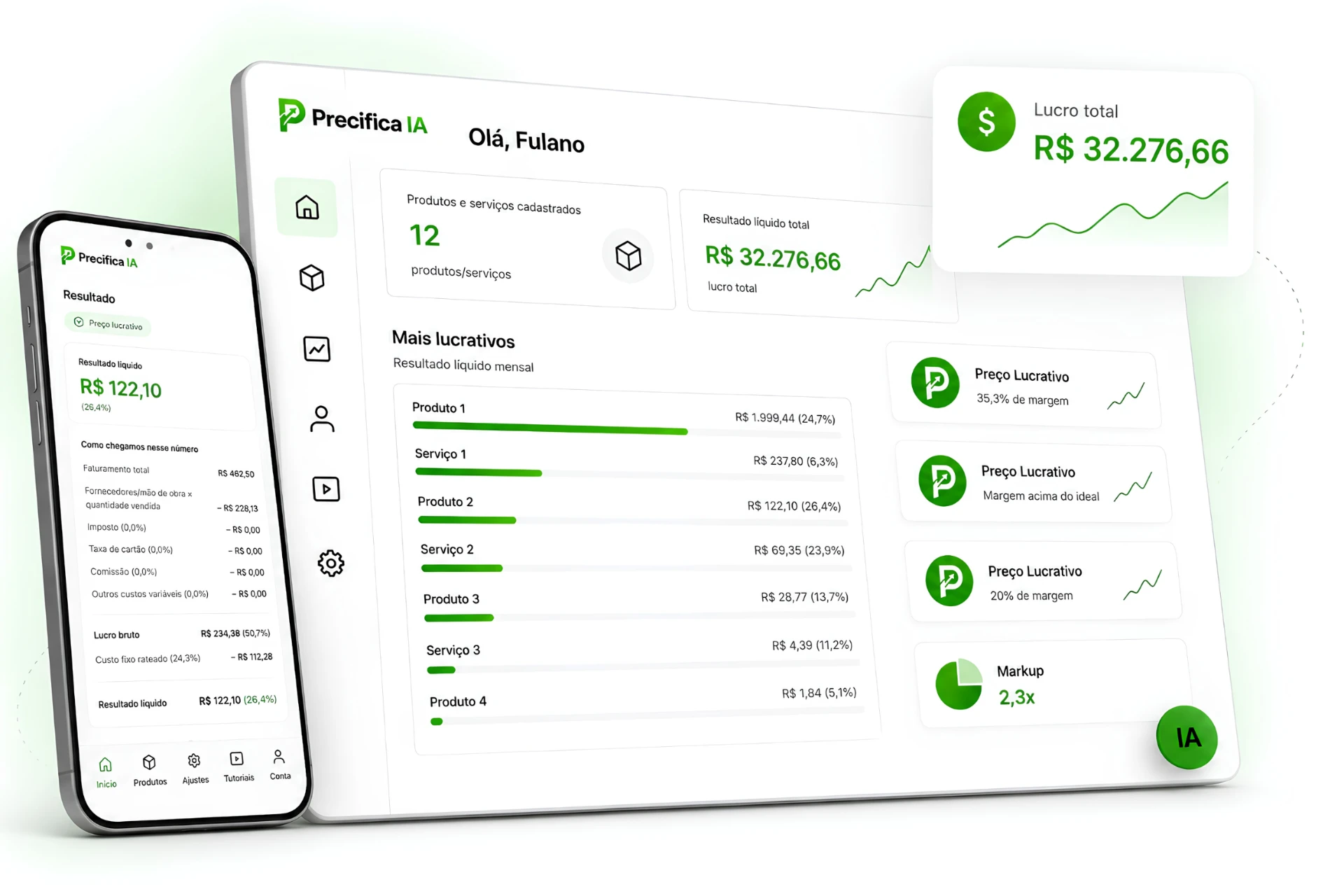 Dashboard do Precifica IA com lucro total e produtos mais lucrativos